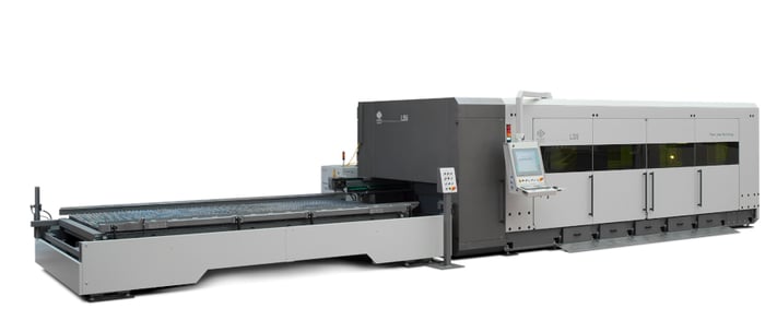 LS5 sheet metal laser cutting system automatic in-line pallet change.