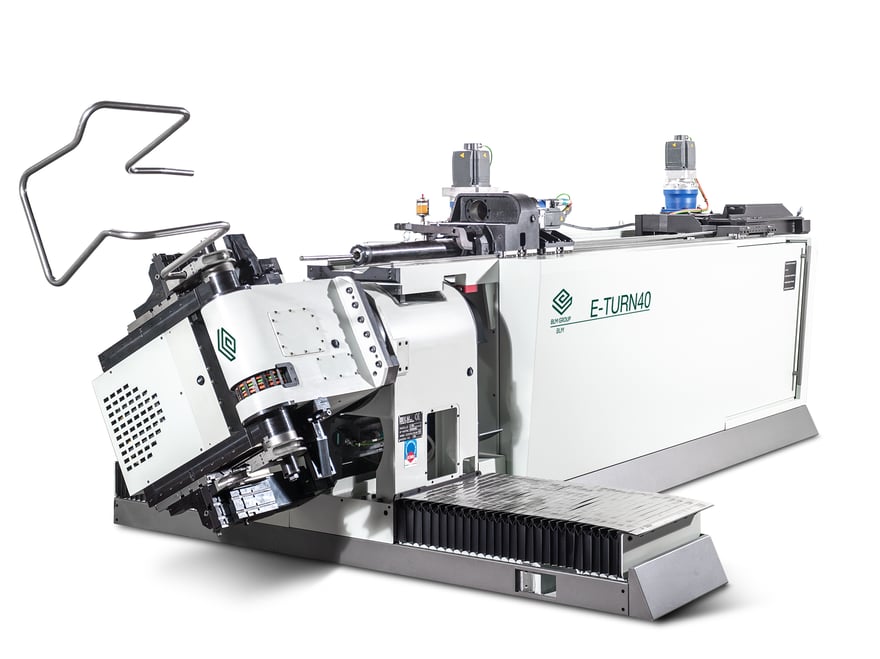 The E-TURN40 is an all-electric tube bending machine with right-handed and left-handed in-process bending capabilities.